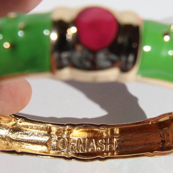Vintage FORNASH Gold Tone w/ Green and Pink Enamel Bangle Bracelet 2.36" D - Picture 2 of 8